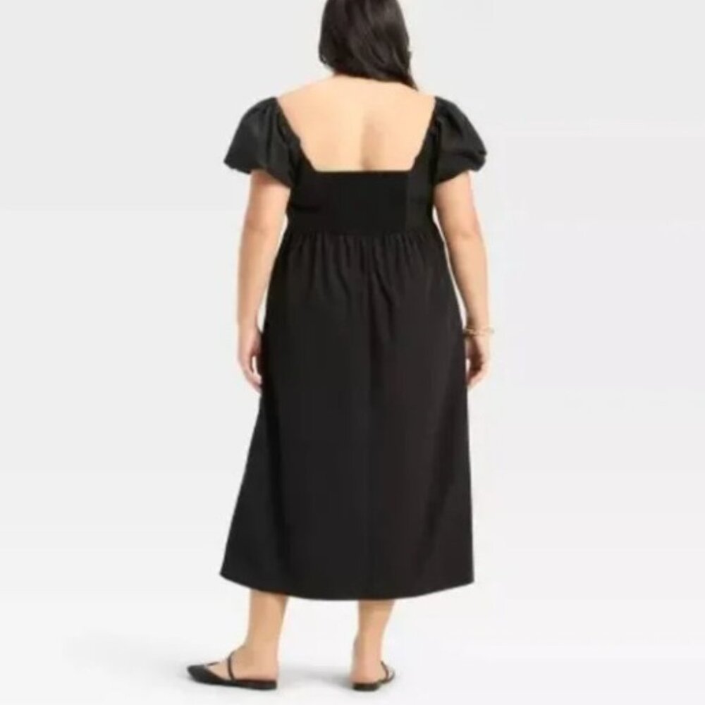 A New Day Black Puff Sleeve Square Neck Elastic Gather Midi Dress 3X NWT - Picture 2 of 3